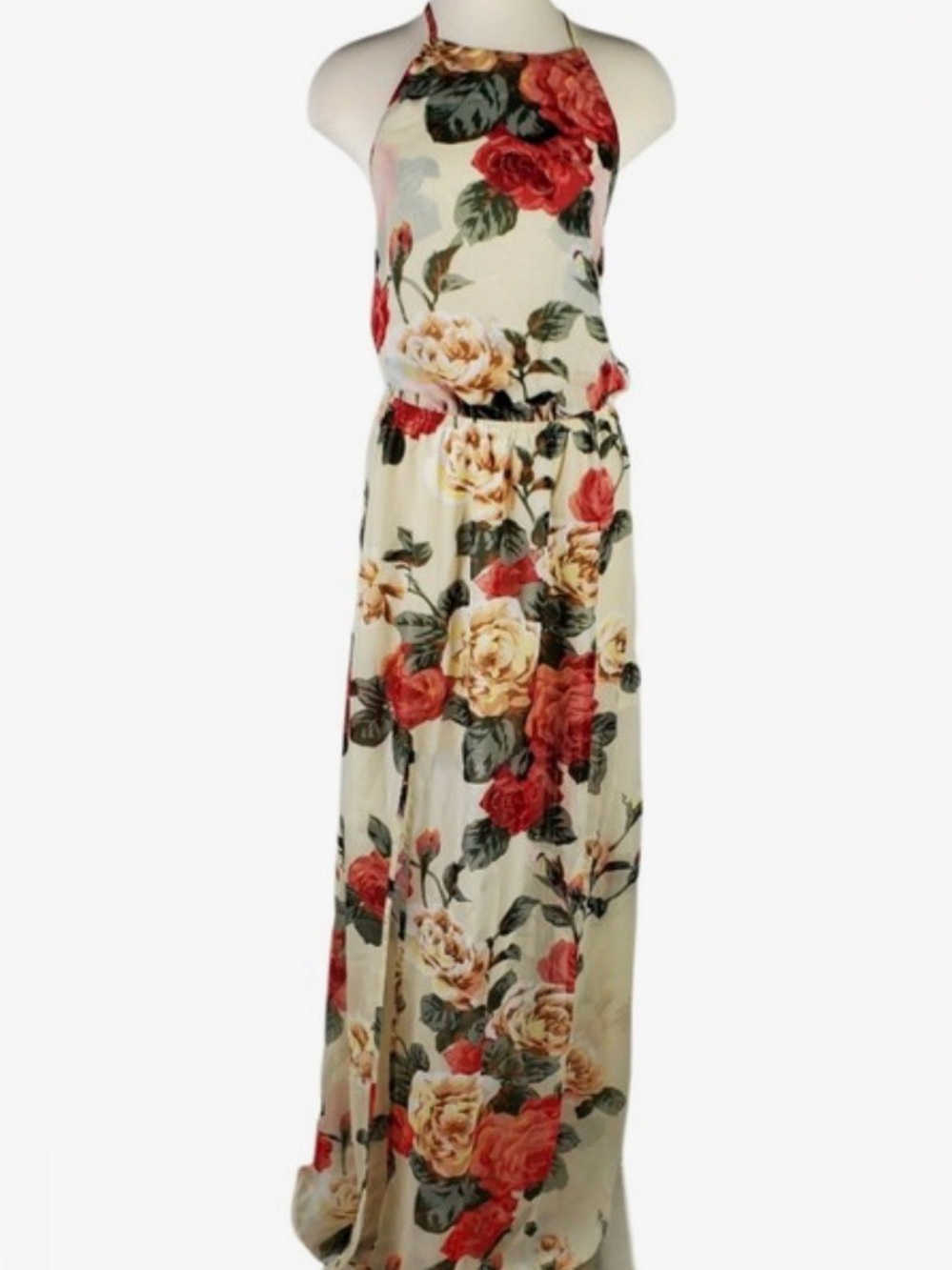 Show Me Your MuMu Amanda Maxi Halter Floral Dress with Red & Cream Roses